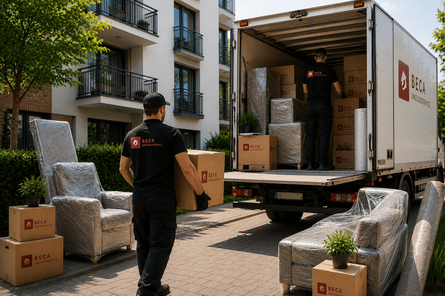 Professionelle Umzugshelfer tragen Kartons in einer hellen Wohnung